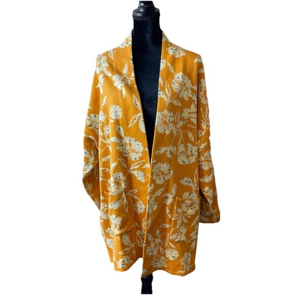 Isaac Mizrahi Live Size 2X Gold Purple Floral Open Cardigan Sweater Pockets Boho - Picture 1 of 5